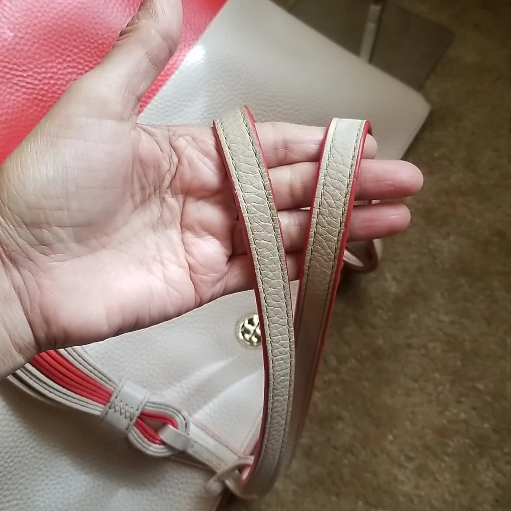 Tory Burch Two-Tone Cream and Coral Leather Tote with Tassel